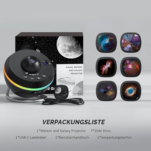 Ainael Sternenhimmel Projektor, Galaxy Star Planetarium Weltraum Sternenprojektor Nachtlicht mit Lichtstreifen, Meteor and Galaxy Projektor & 7PCS Discs für Kind Erwachsene Geschenk