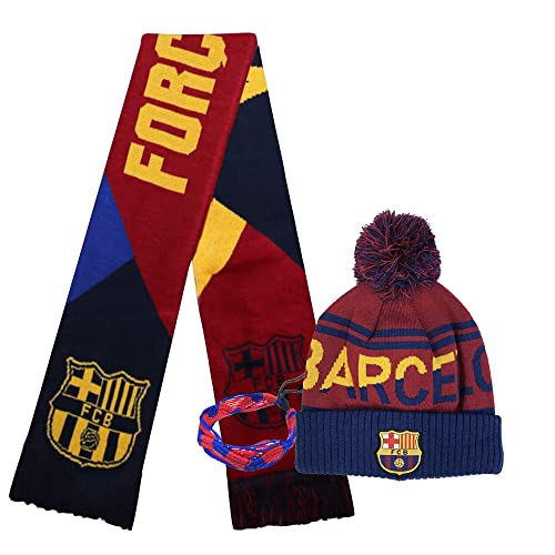 icon sports Barcelona Messi 10 Scarf and Beanie Official New Season 2020 2021 and Bracelet Team Color Gift Set (Barcelona Set 3)