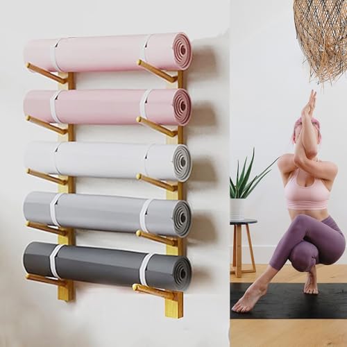 Soporte de pared para esterilla de yoga de madera maciza, tapete de ejercicio multicapa de 9 niveles y organizador de almacenamiento de rodillos de espuma para gimnasio en casa, estante decorativo