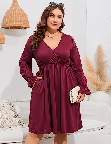 Image of ShopWonder Plus Size Dress Women's V Neck A-Line Knee Length Wrap Swing Dresses Plus Size A Line Party Mini Dress