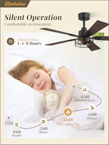 Fanbulous 2 Pack Farmhouse 42 Inch Ceiling Fans with Lights, Black Industrial Caged Ceiling Fans for Bedroom Living Room, Double-Sided 5 Blades Rustic Ceiling Fan - Image 4