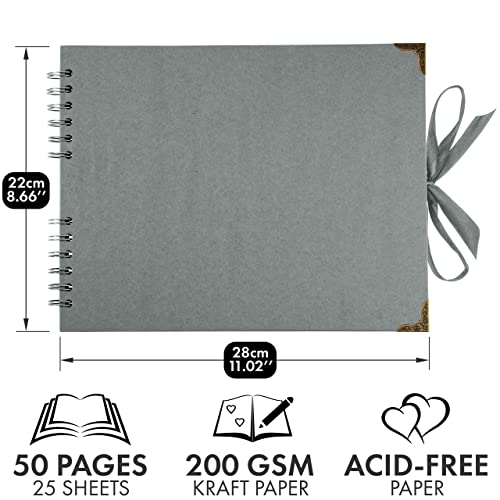 Bstorify Square Scrapbook Photo Albums 50 Pages (28 x 22 Cm) Grey Thick Paper, Hardcover, Ribbon Closure - Image 2