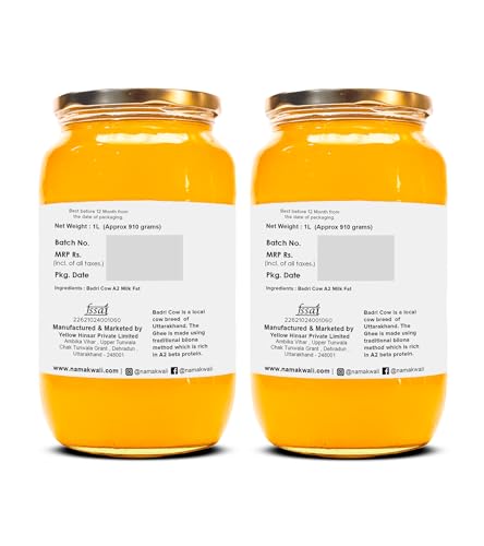 Image of Namakwali A2 Badri Cow Ghee 2000ML (1kg x 2) | Traditional Vedic Bilona Method | Curd-Churned & Cultured | Grassfed, Pure, Natural & Danedar | Lactose-Free, Gluten-Free | 100% Natural & Lab-Tested | Certified Traditional Gaye ka Ghee