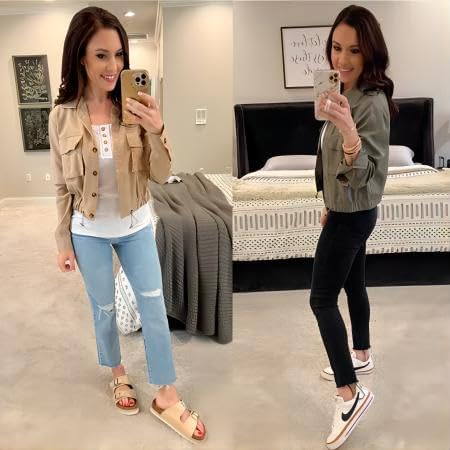 Onedreamer Women's Military Safari Cropped Jackets Button Down Lightweight Oversized Utility Anorak Coat with Pockets - Image 4