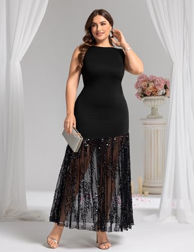 Plus Size Wedding Guest Dress Summer Sleeveless Cocktail Formal Gown Sequin Sheer Mesh Embellished Mermaid Maxi Dress2
