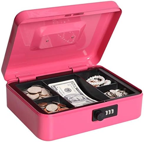 Cash Box with Combination Lock, Metal Money Box for Cash, Lovndi Lock Box with Money Tray, 9.84x 7.87x 3.54 Inches, Pink
