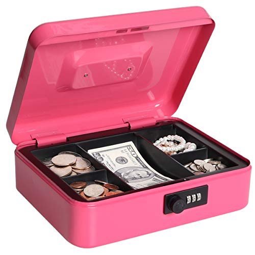 Cash Box With Combination Lock, Metal Money Box For Cash, Lovndi Lock Box With Money Tray, 9.84X 7.87X 3.54 Inches, Pink #TOP1