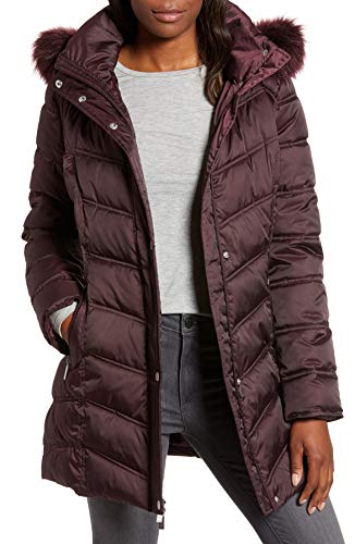 Kenneth Cole New York Chevron Quilted Puffer w/Faux Fur Trimmed Hood Sangria XS
