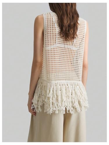 Milumia Women's Hollow Out Fringe Knitted Tank Top Sexy Sheer Sleeveless Long Sweater Vests3