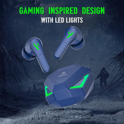 Image of pTron Bassbuds Rogue W / 40Ms Low-Latency Gaming,Clear Calls,50Hrs Playtime,Pristine Sound,V5.3 Bluetooth in Ear Headphones,Snug-Fit,RGB Lights,Touch Control,Voice Assist,IPX5 Water Resistant (Navy)