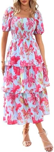 BTFBM Womens Square Neck Smocked Dress Summer Puff Short Sleeve Floral Casual Ruffle Tiered Maxi Wedding Guest Dresses