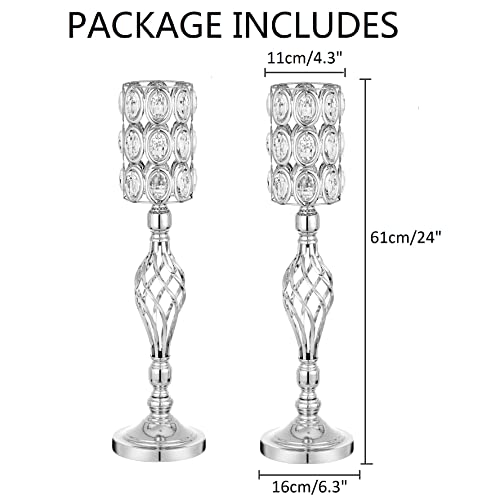 24in Metal Diamond Crystal Wedding Centerpiece Vases for Tables Set of 2, Silver Versatile Tall Flower Holders Centerpiece Flower Stands for Wedding Party Reception Home Décor