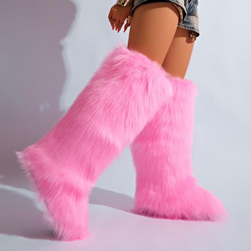 Image of Valpeak Womens Faux Fur Boot Winter Fluffy Long Furry Boots for Girls Outdoor Fuzzy Knee-High Boots(Pink,13)