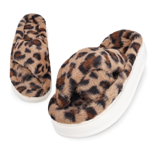 Fuzzy Open Toe House Slippers for Women, Plush Leopard Cross Band Slides, Soft Plush Faux Fur Lining Bedroom Shoes, Non-Slip Winter Indoor Slippers