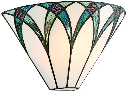 Image of Regency Hill Filton Vintage Tiffany Style Wall Light Sconces Set of 2 Bronze Metal Hardwired 12 1 /4 inch Fixture Blue White Art Glass for Bedroom Bathroom Vanity Living Room Home Hallway Dining