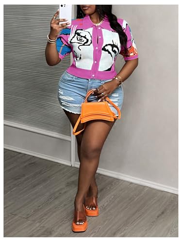 WDIRARA Women's Plus Size Graphic Print Cardigan Button Down Sweaters Short Sleeve Cardigans3