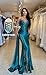 V Neck Satin Prom Dresses Long Mermaid Lace Evening Gown with Slit Pleated Bodycon Formal Dress FP32-18W Silver