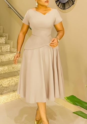 Image of Women Casual Plus Size A Line Dress V Neck Short Sleeve Pleated Wedding Guest Party Midi Dresses