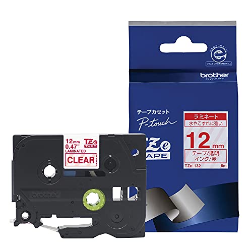 ブラザー工業 TZeテープ ラミネートテープ(透明地/赤字) 12mm TZe-132