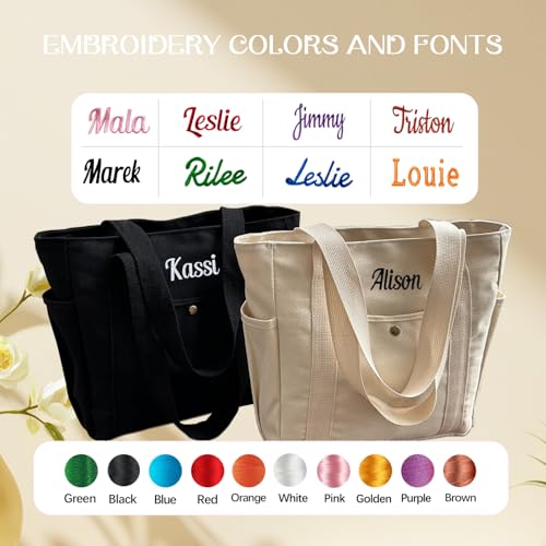 Bolso tote personalizado con nombre bordado, bolso de lona grande para uso casual, compras y hombro para mujeres miniatura 2