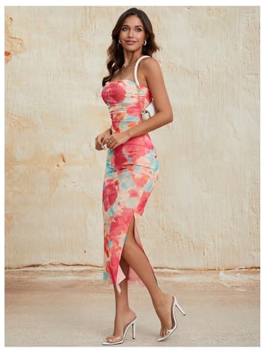 Image of Milumia Women's 2026 Summer Floral Strapeless Tube Top Dresses Side Slit Wedding Guest Bodycon Maxi Dress