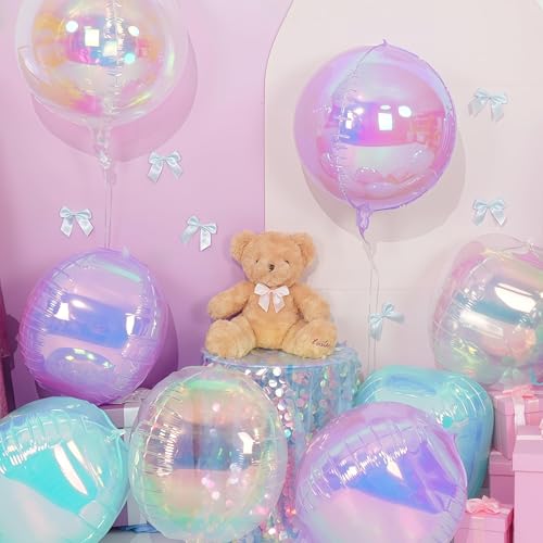 Image of Iridescent Pink Purple Round Foil Balloons Mermaid Decor 22 Inch 6 Pcs | Gradient Pink Purple Teal Holographic 4D Ball Balloons for Birthday Folding Rainbow Under The Sea Party Decoration