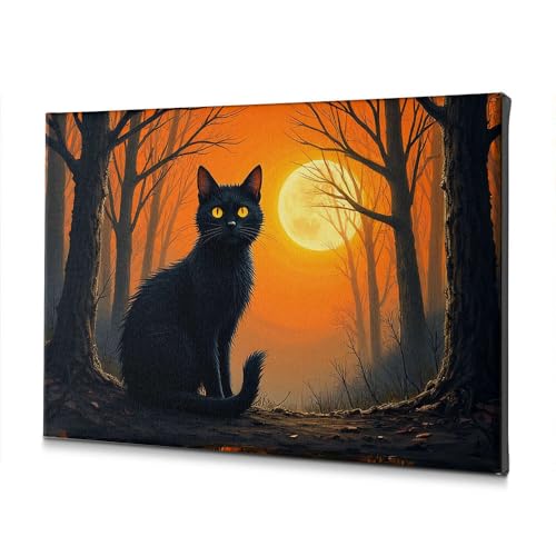 Tableau chat noir forêt effrayante lune déco murale rustique