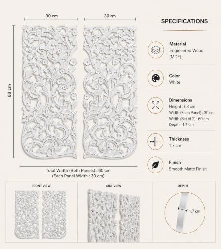 Image of VAS Collection Home Floral MDF Wall Decoration Panel, Wall Decoration Hanging, Wood Carving Wall Decoration Panel for Living Room, Bedroom, Hallway, Office (12 inchInch X 27 inchInch, White Antique) -Set of 2 DISTRESS FINISH
