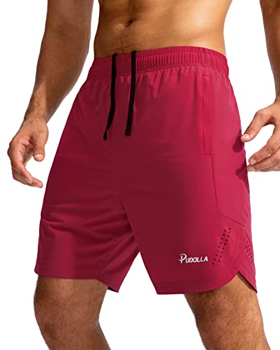 Pudolla Men's Athletic Running Shorts 7'' Gym Workout Shorts For Men Lightweight Sports Training With Zipper Pockets(Red Small) #TOP26