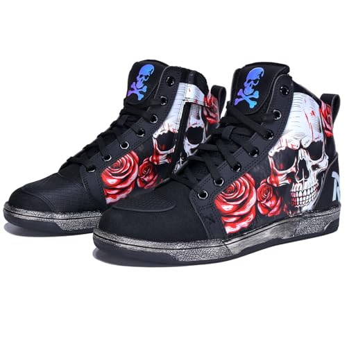 GXZUORUI Retro Skull & Rose Motorcycle Riding Shoes for Men Women Casual Daily Wear Motocross Sneakers with Side Zipper Ankle Support & Anti-Slip Protective Footwear (Red Adult Men 10 Numeric US Footwear Size System Medium)