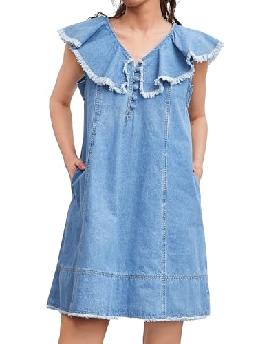 Kedera Denim Summer Dresses for Women Ruffle Short Sleeve V Neck Mini Jean Dress Romper Babydoll Jean Sundress