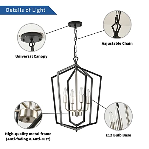 4-Light Lantern Tiered Pendant Light Fixtures,Island Light,Hall Foyer Hanging Chandelier,Metal Farmhouse Ceiling Light For Kitchen Island Farmhouse Entryway-Black + Brushed Nickel #TOP2