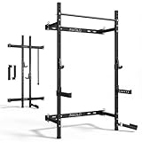 Mikolo 2' x 2' Folding Wall Mounted Squat Rack, 1000 Pounds Capacity Power Rack with Safety Catches, Pull Up Bar, J Hooks and Landmine Attachment, Space-Saving Home Gym(Black