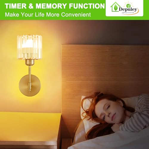 Image of Depuley Battery Operated Wall Sconce: Set of 2 Wireless Crystal Wall Lights with Remote for Bedroom - Rechargeable 15 Colors Gold Wall Lamp for Living Room Hallway Home Decor
