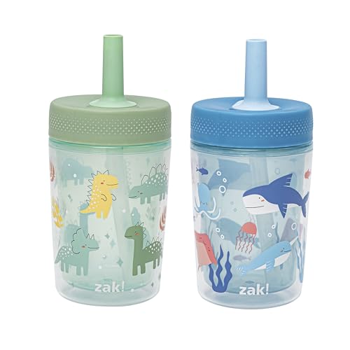 Zak Designs Capri Toddler Tumblers For Travel or At Home 9oz 2-Pack Double Wall Plastic Sippy Cups With Leak-Proof Design is Perfect For Kids (Dino Buddies Bubble Bay)