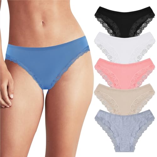POWER FLOWER Brasileño Ropa Interior de Algodón para Mujer Braguitas de Bikini de Encaje Ropa Interior Cómodas y Elegante para Mujer (6 Piezas) (6507-C6, S-M)