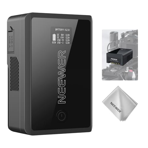 NEEWER Mini V Mount Akku 45W PD Schnellladung 3450mAh 50Wh 14.54V V Lock Battery mit D Tap/USB C/USB A/BP/2 DC Anschlüsse/OLED Bildschirm/Reinigungstuch für Kamera Monitor Camcorder Licht PS050E