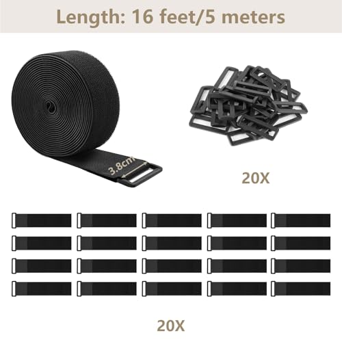 ZSURLUX 3.8cm x 5m Heavy Duty Cinch Straps with 20 Buckles, Cut-to-Length Hook and Loop Strips, Adjustable Long Cable Ties for Home and Office Storage, Black - Image 3