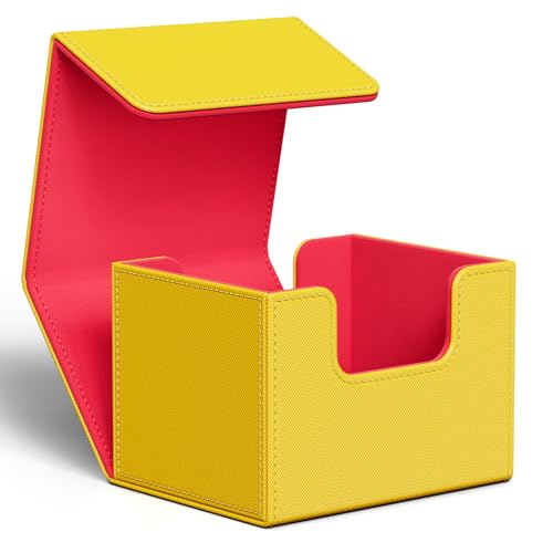 Image of ZLCA Card Deck Box for Trading Cards, MTG Commander Deck Box Holds 120+ Single Sleeved Cards, Leather Magnetic Card Storage Box Fits for TCG CCG Magic Cards (Yellow&Red)
