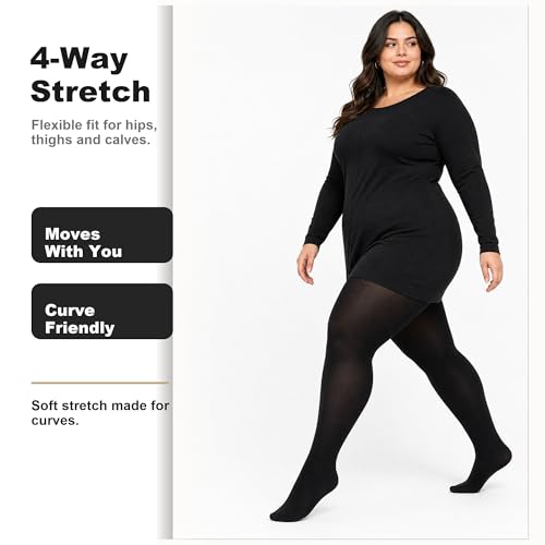 Image of HeyUU Plus Size 80D Semi-Opaque Tights, Soft High Waist, XL-4XL | Curvy Fit,No-Roll Waist,Soft Stretch,Smooth Coverage,Everyday Wear