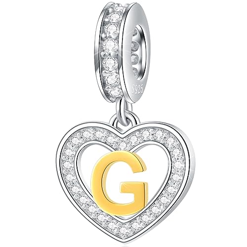 Image of GLOWDAS 18K Gold Plated Letter Charms Initial A to Z Necklace Pendant, 925 Sterling Silver CZ Heart Dangle Alphabet Beads fit European DIY Bracelet, Gifts for Valentiens /Christmas /Family