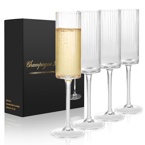 Topsky Ribbed Champagne Flutes Set of 4, 7 oz Crystal Champagne Glasses, Vintage Unique Ridged...