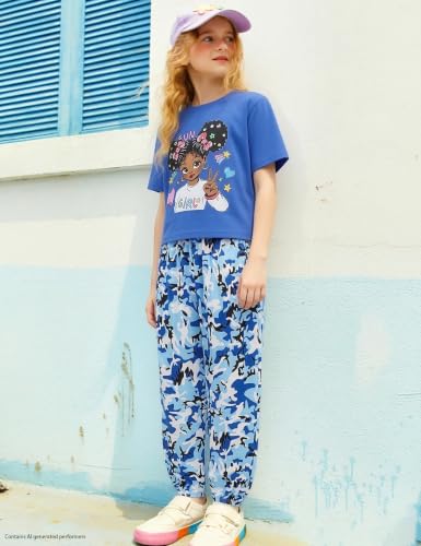 Image of mksodop Girls Outfit Set Graphic T Shirt and Camo Jogger Pants Cute Casual Clothes for Girls 5-16 Years