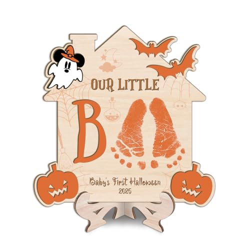 Image of My First Halloween Footprint Sign - Baby First Halloween Craft - DIY Baby Footprints - Baby's First Foot Print Sign - DIY Our Little Boo Footprint or Handprint Art Decorations (Wood Boo Orange)
