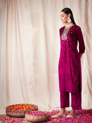 Image of Women's Velvet Floral Embroidered Straight Kurta | Round Neck Three-Quarter Sleeve Calf Length Kurti with Thread Work