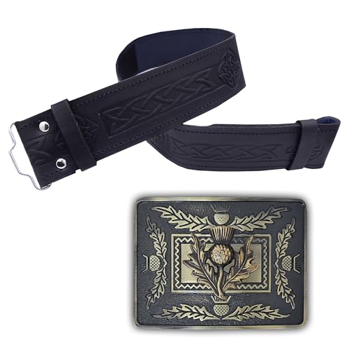 Juego de cinturón y hebilla de falda escocesa, cinturón de cuero para hombre con diseño celta en relieve, hebilla de cardo escocés en acabado antiguo para uso patrimonial, ideal para atuendo de falda