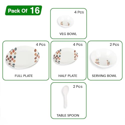 Image of FreshHome Melamine Dinnerware Dinner Set for 4 Persons | 16 Pcs Plates & Bowls Set | 4 Full Plates, 4 Half Plates, 4 Veg Bowls, 2 Serving Bowls & 2 Spoons