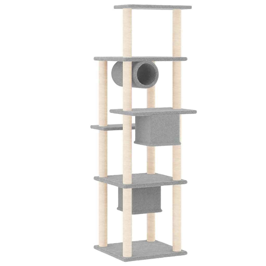 Rascador con columnas rascadoras de sisal y superficie de descanso, gris claro, 169 cm, torre de escalada con cueva, plataforma y hamaca como lugar de descanso y vigilante para casa y gato