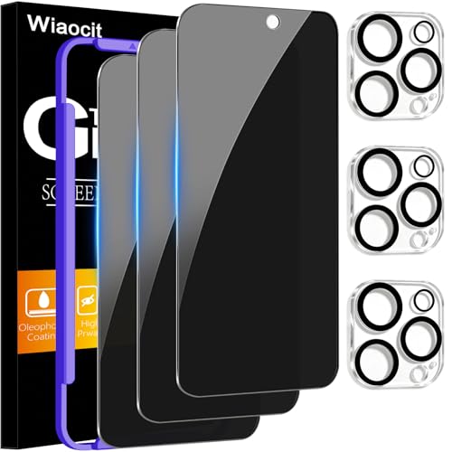 Wiaocit 3 Pack Tempered Glass Privacy Screen Protector for iPhone 15 Pro with 3 Pack Camera Lens Protector 9H Hardness Bubble Free Case Friendly