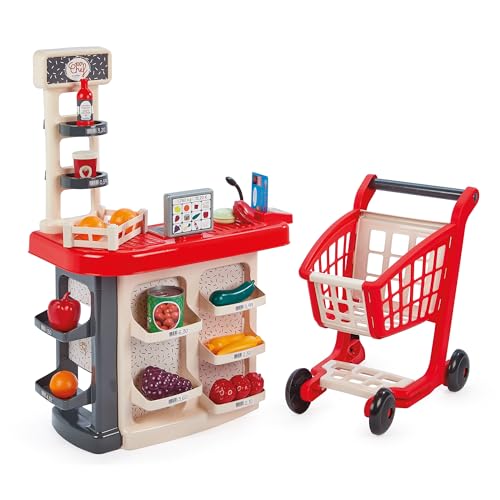 Ecoiffier 100por ciento Chef supermercado con Carrito, mostrador con Productos, TPV, báscula, micrófono y Accesorios, Juego de imitación Desde 18 Meses (7900001676)